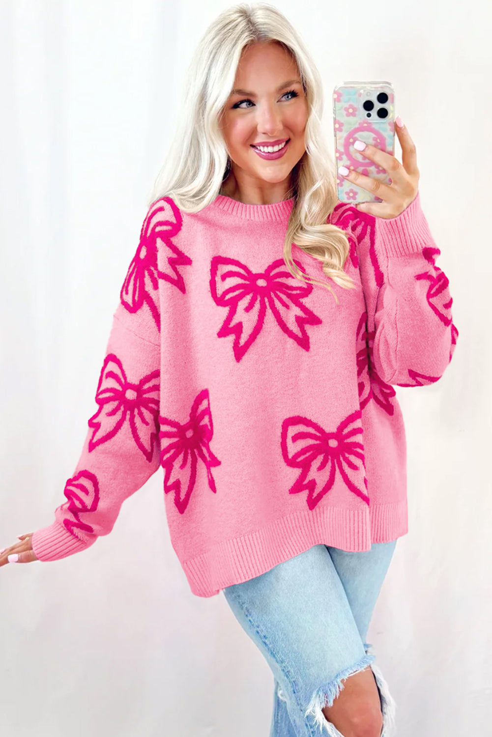 Pink Bow Pattern Drop Shoulder Women’s Loose Sweater Casual Knit Top