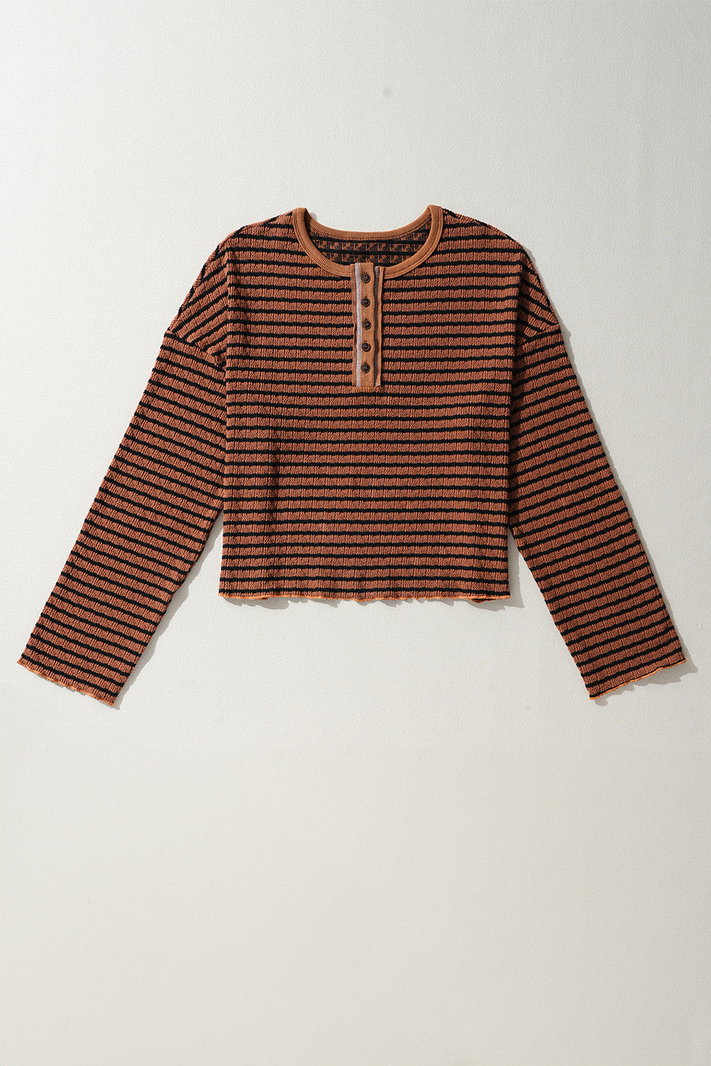 Brown Stripe Henley Long Sleeve Top with Textured Frilly Trim Buttons