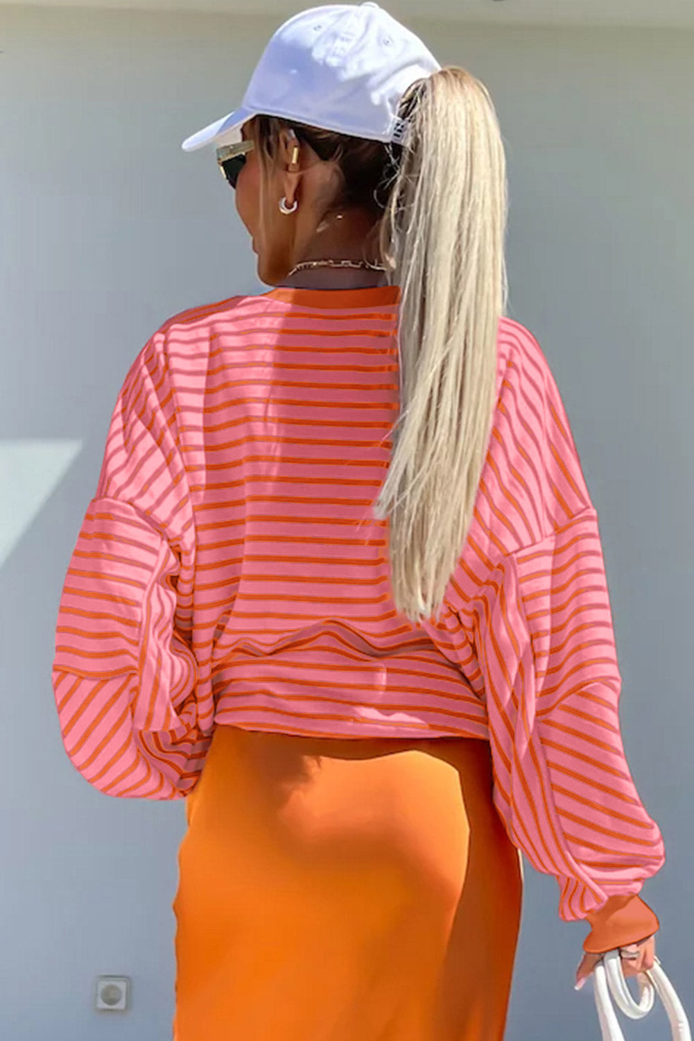 Women’s Orange Stripe Colour Block Loose Fit Collared Drop Shoulder Sweatshirt