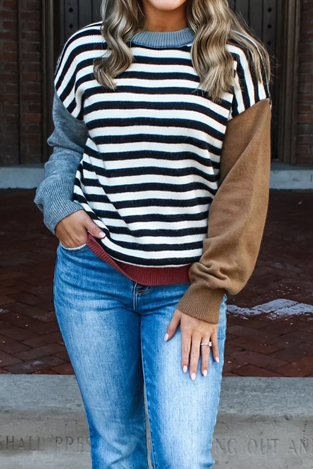 Black Striped Panels Colourblock Sleeve Chic Sweater