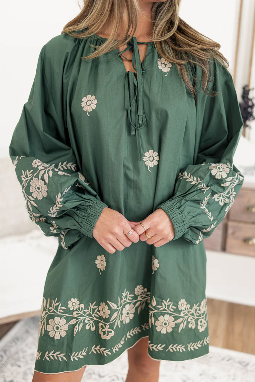 Mist Green Tie Neck Boho Floral Puff Sleeve Women’s Summer Dress