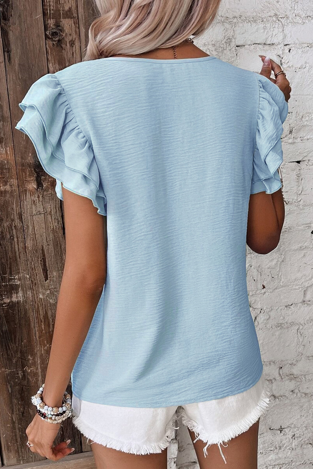 Women’s Mist Blue Solid Colour Ruffled Short Sleeve Casual Blouse Top