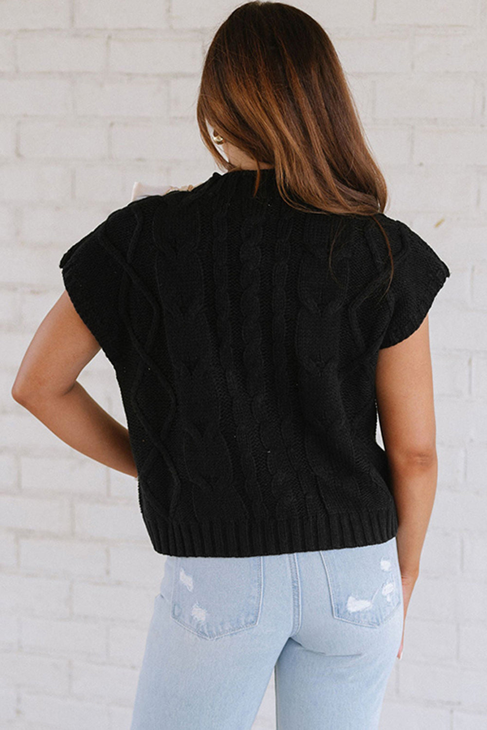 Cable Knit Colourblock Sweater Short Sleeve Satin Bowknot Top