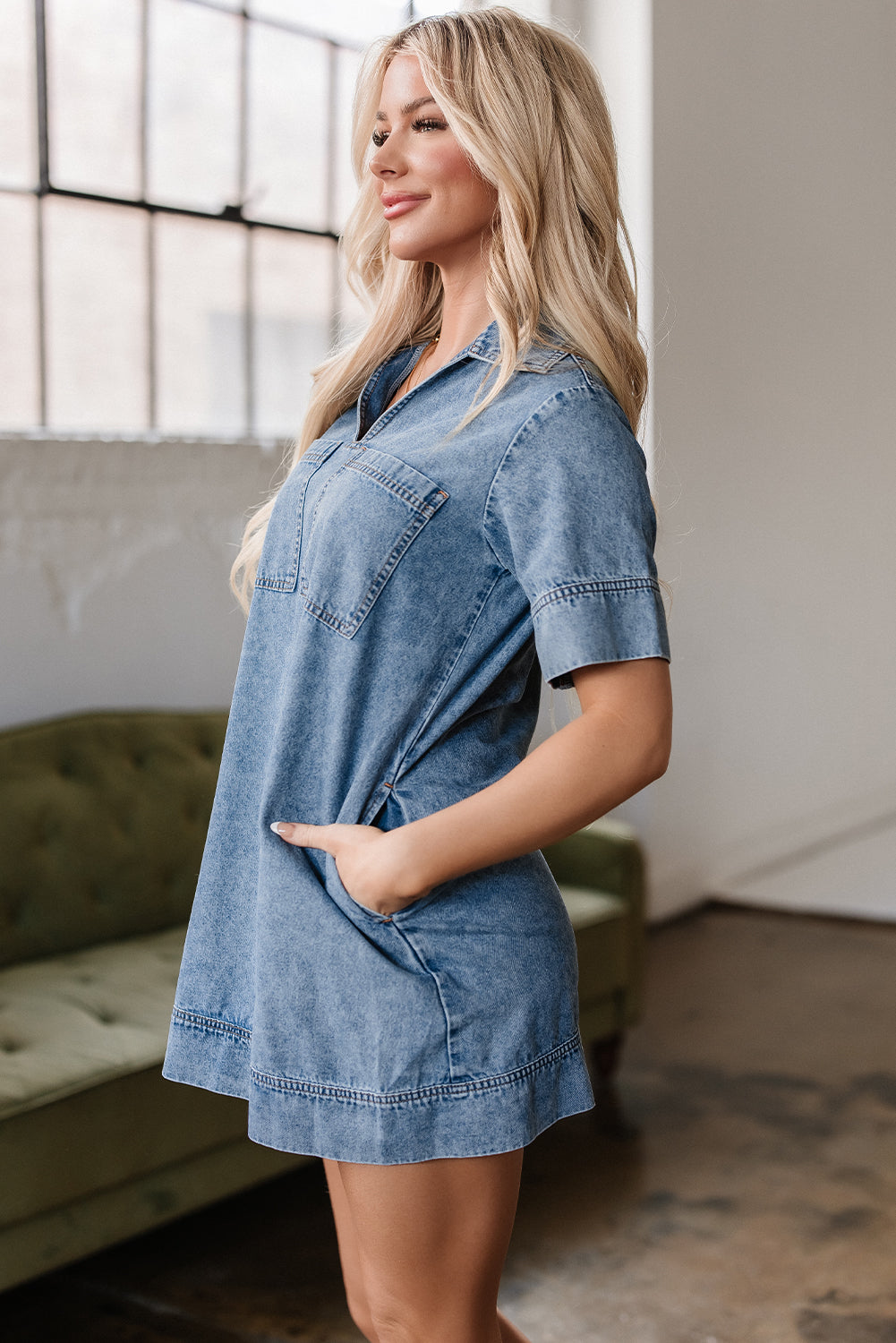 Women’s Blue Short Sleeve Collared Denim Mini Dress with Patched Pocket