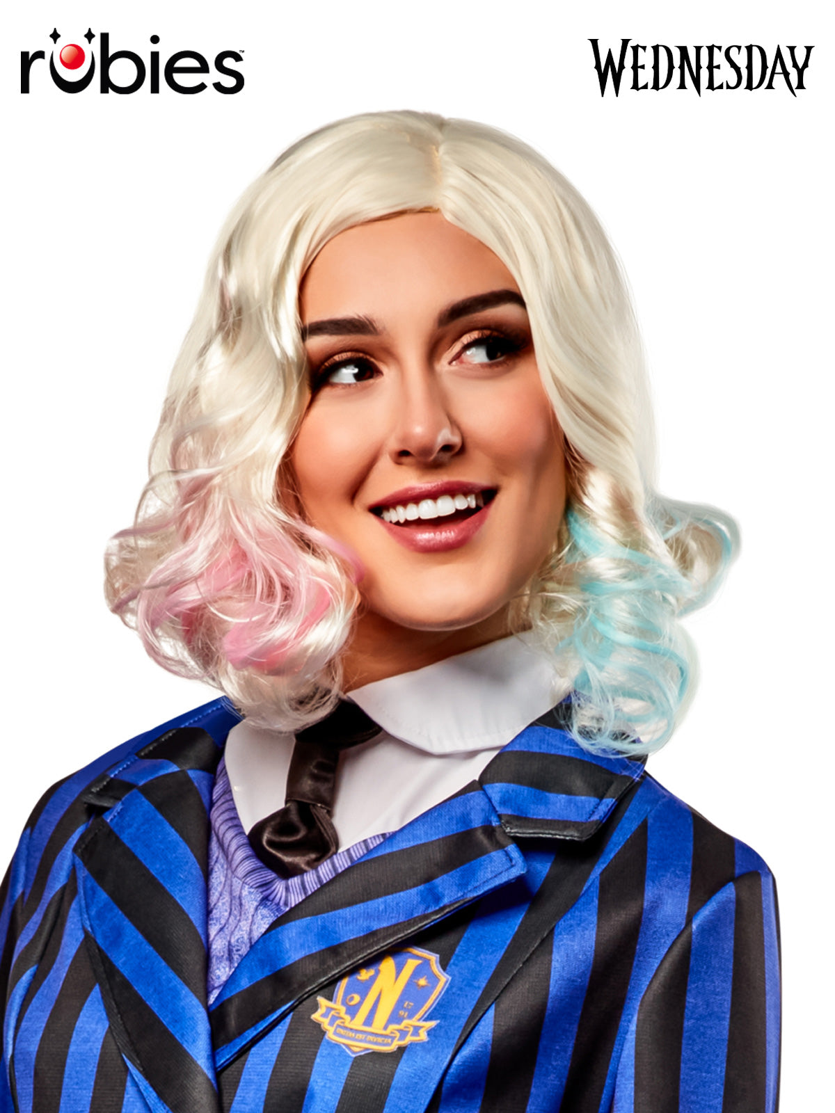 Enid Sinclair Wig for Adults Blonde with Pink and Blue Highlights