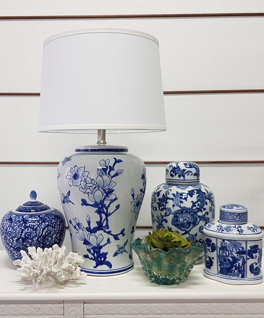 Blossom Ginger Jar Medium 25cm Blue and White Ceramic Floral Design