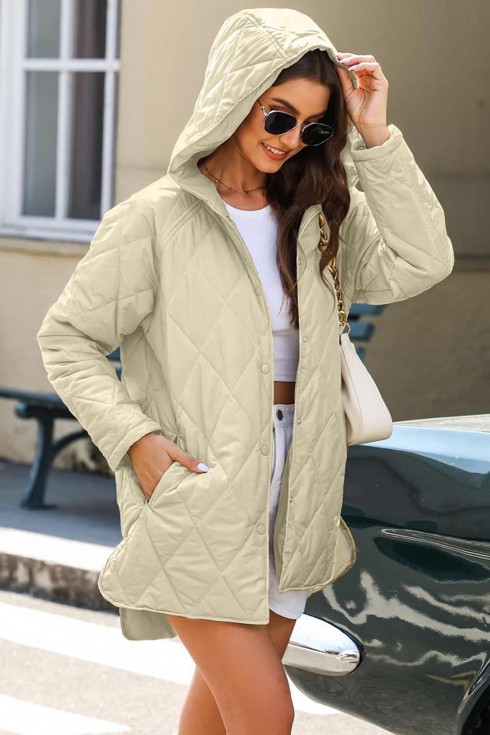 Beige Quilted Hooded Coat Snap Button Front Warm Padded Jacket