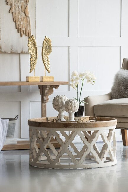 Lattice Round Shabby Chic Coffee Table 81cm Distressed White Wood Top