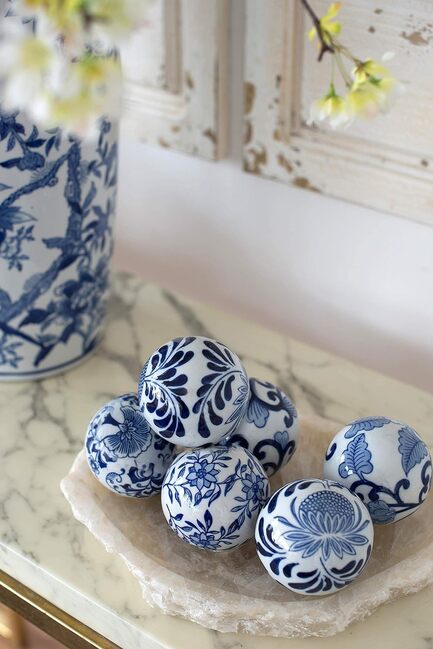 Aline Blue & White Balls Set of 6 Ceramic 10.2cm Decorative Spheres