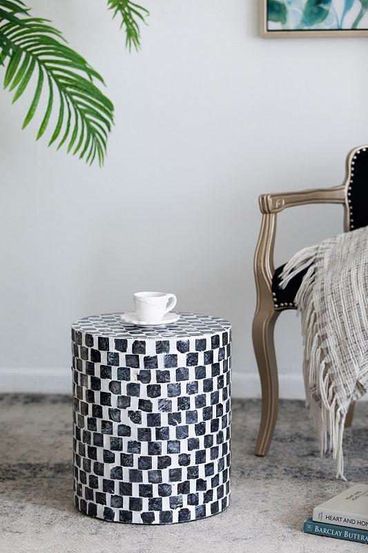 Black & White Mosaic Stool 35x35x40cm MDF Capiz Indoor Use Only