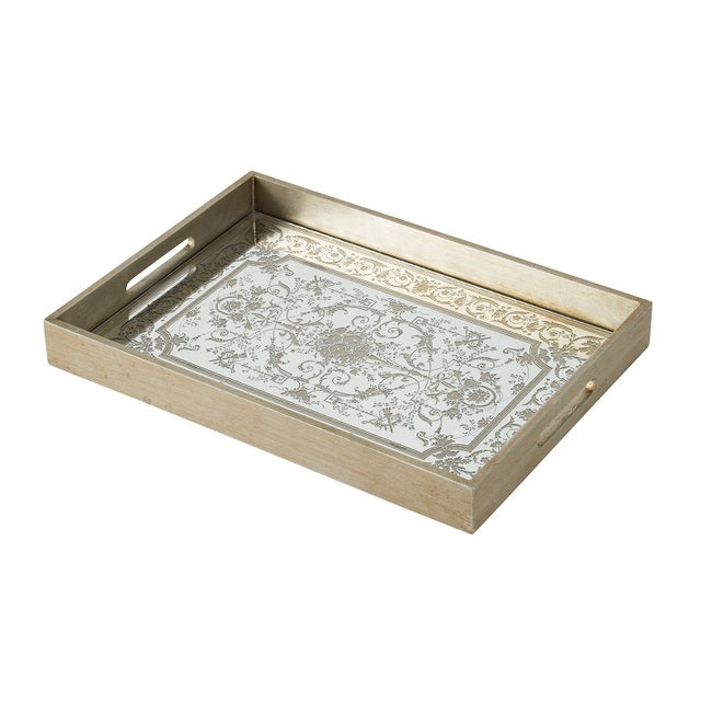 Floral Mirrored Tray Rectangular 46x33cm MDF and Mirror Serving Tray