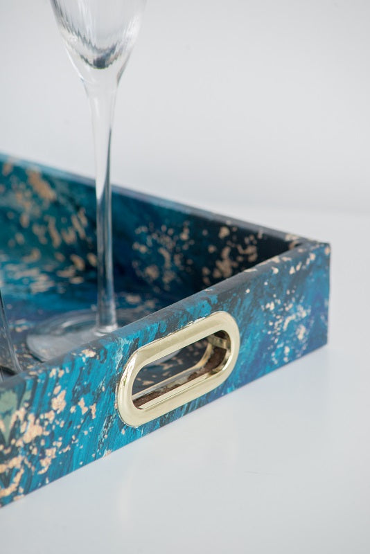 Blue Decorative Rectangular Nesting Tray Set of 2 Table Decor