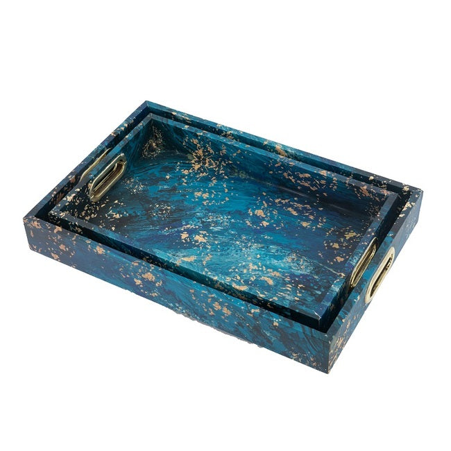 Blue Decorative Rectangular Nesting Tray Set of 2 Table Decor