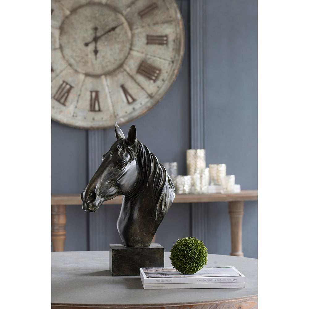 Horse Head Statue on Base Dark Polyresin Sculpture - 40 cm