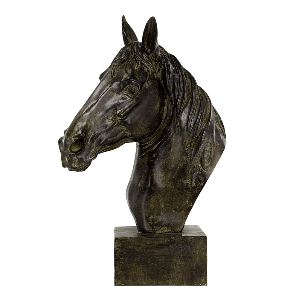Horse Head Statue on Base Dark Polyresin Sculpture - 40 cm