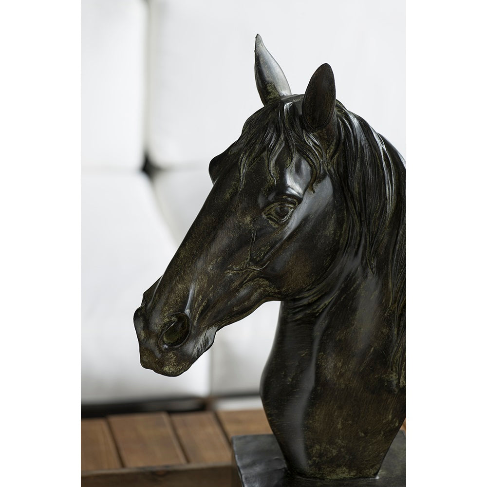 Horse Head Statue on Base Dark Polyresin Sculpture - 40 cm
