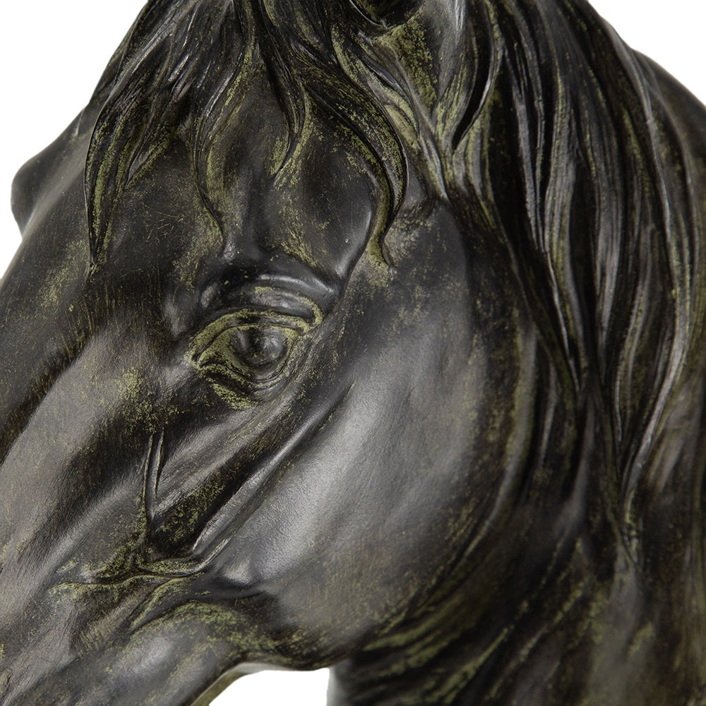 Horse Head Statue on Base Dark Polyresin Sculpture - 40 cm