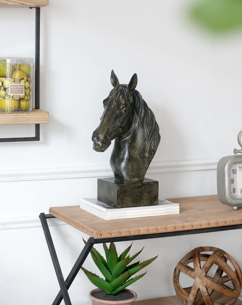 Horse Head Statue on Base Dark Polyresin Sculpture - 40 cm