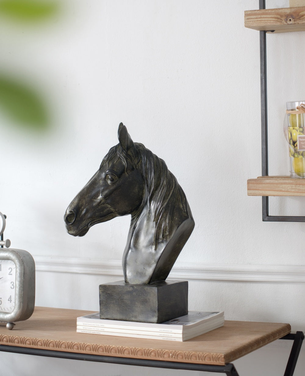 Horse Head Statue on Base Dark Polyresin Sculpture - 40 cm