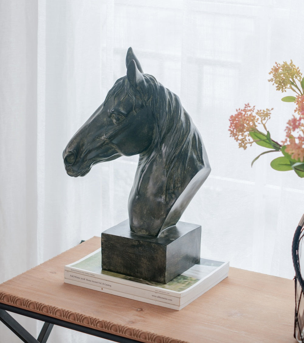 Horse Head Statue on Base Dark Polyresin Sculpture - 40 cm