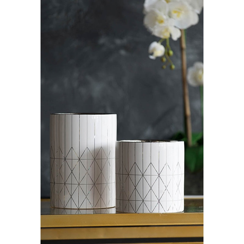 Geo Ceramic Planter Modern Diamond Pattern Cylindrical Pot - 16 cm