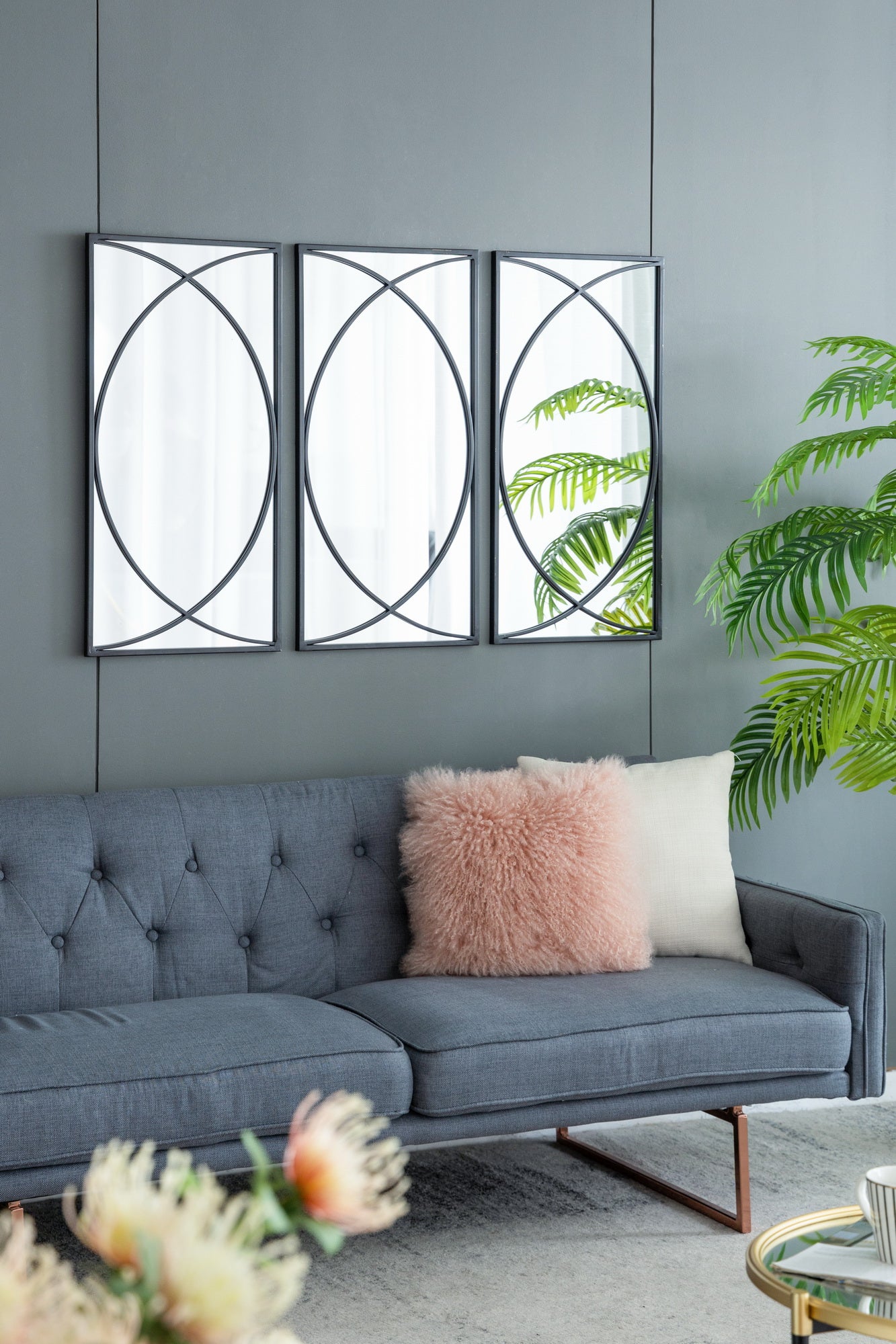 Set of 3 Black Swirl Wall Mirrors Iron Frame Minimalist Industrial Style