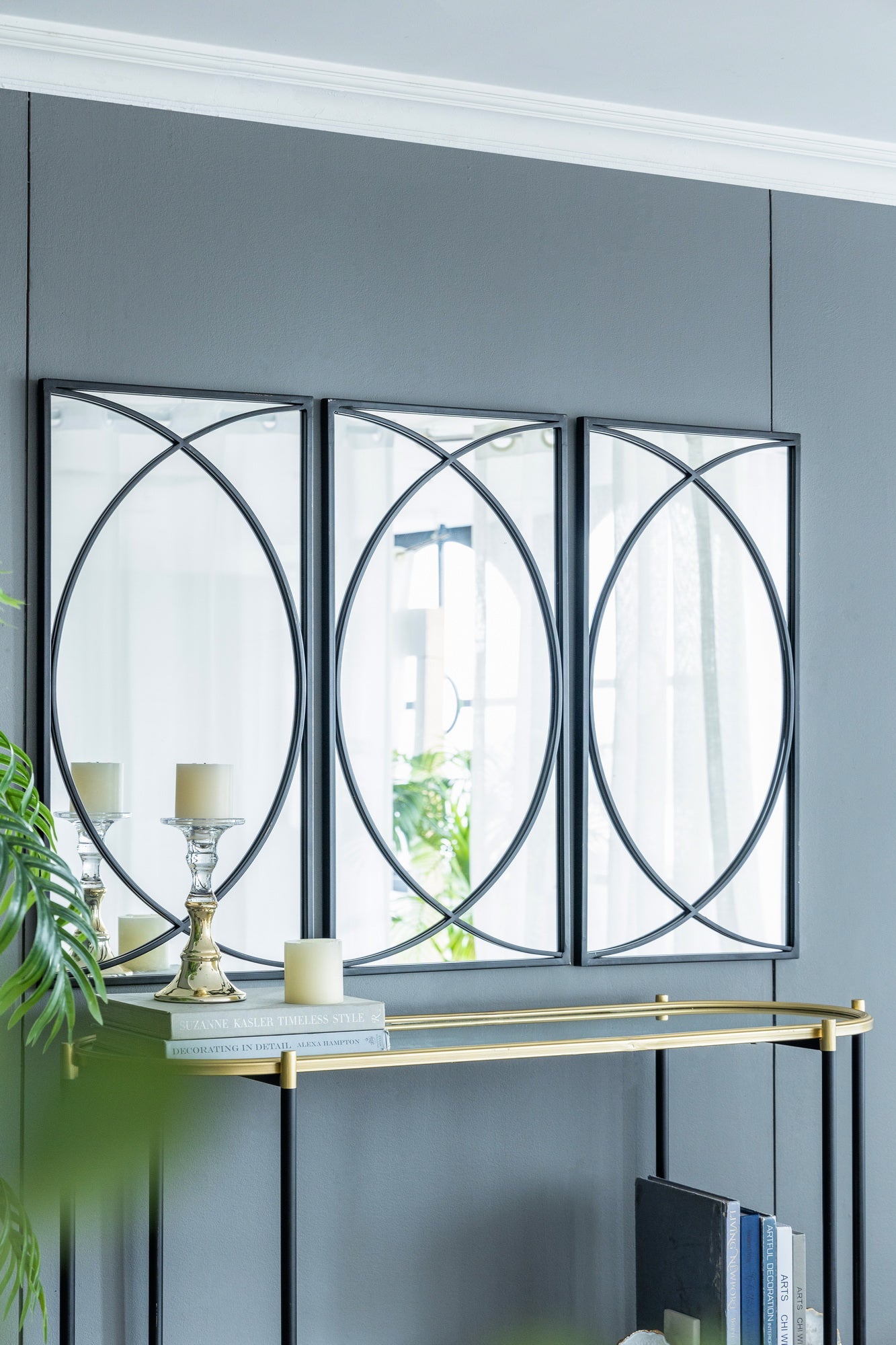Set of 3 Black Swirl Wall Mirrors Iron Frame Minimalist Industrial Style