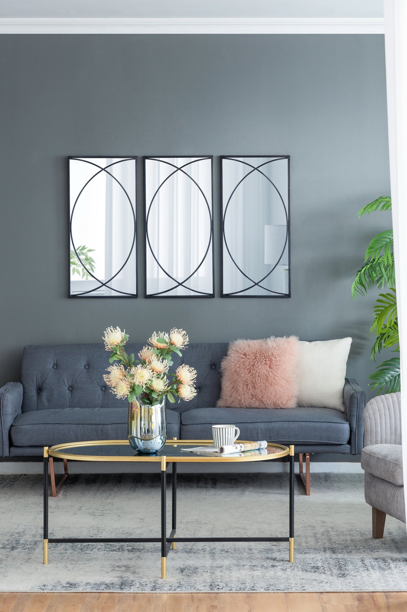 Set of 3 Black Swirl Wall Mirrors Iron Frame Minimalist Industrial Style