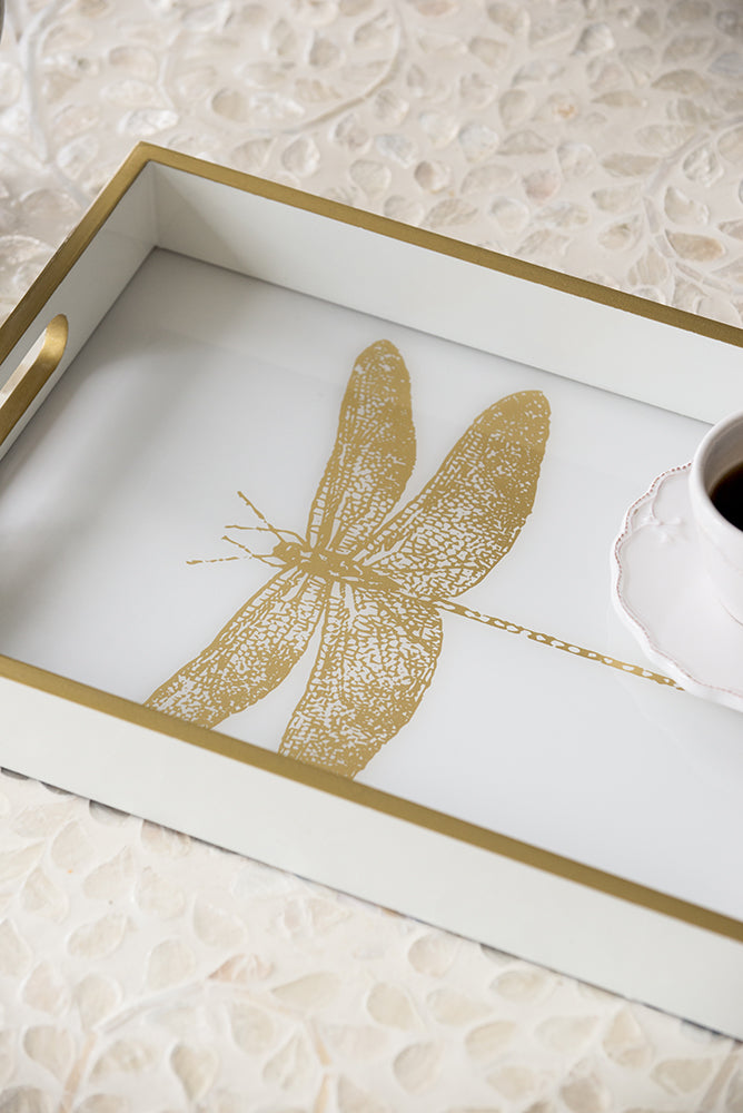 Dragonfly Serving Tray 40cm Wooden Acrylic Accent with Gold Dragonfly Motif