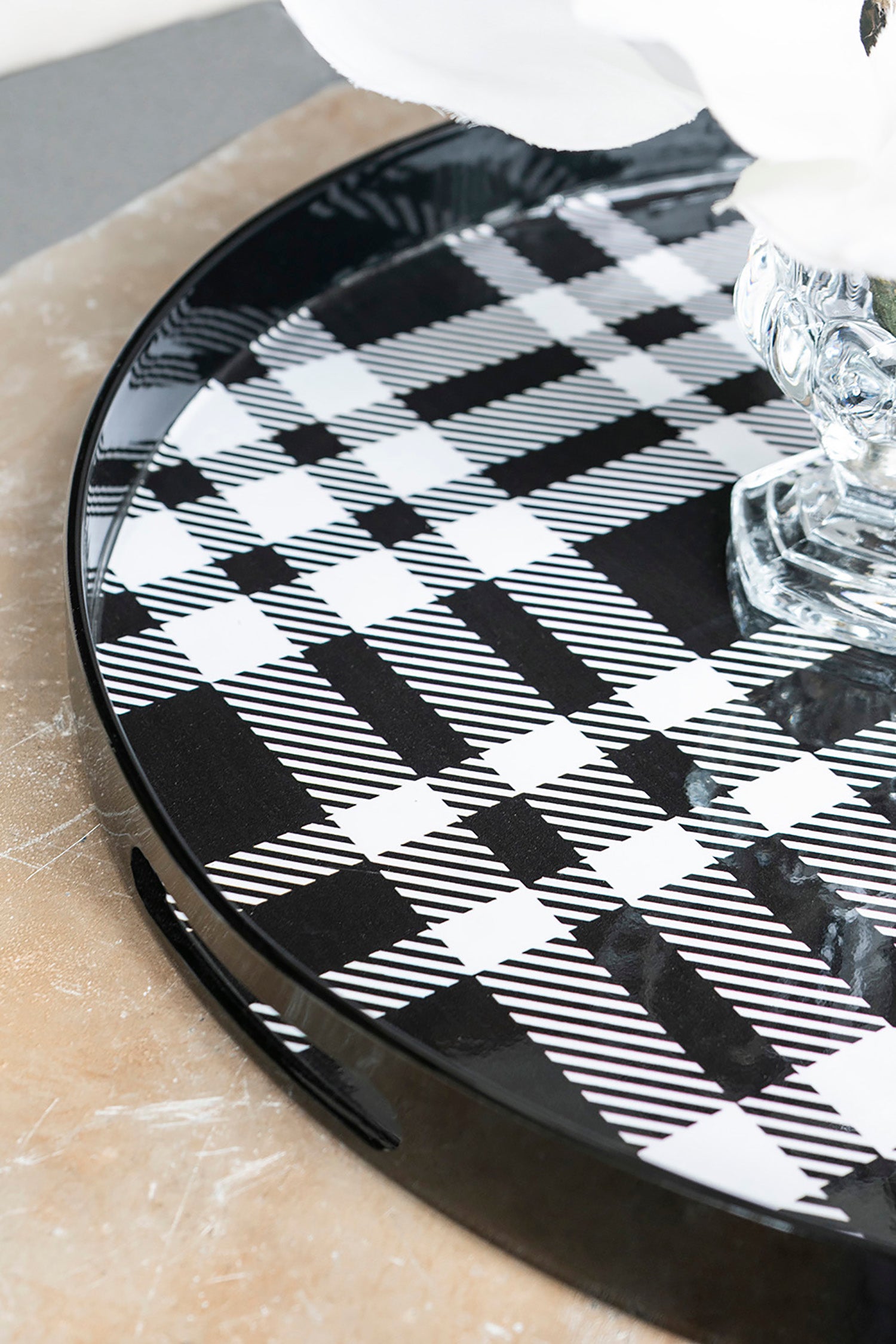 Set of 2 Black and Grey Plaid Motif Round Decorative Accent Plastic Trays
