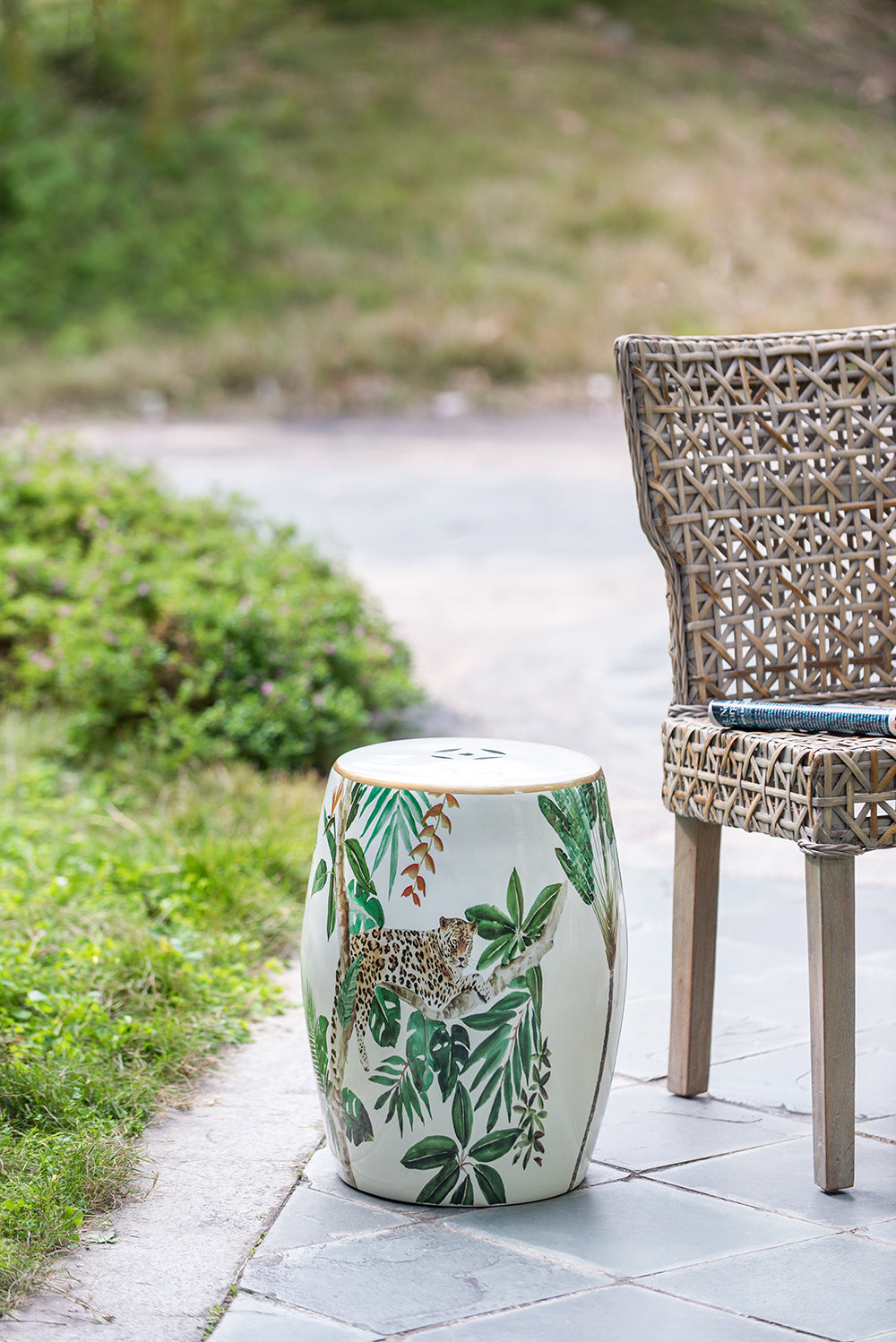 Jungle Themed Ceramic Stool 45.5cm Decorative Cheetah Print Bohemian Accent
