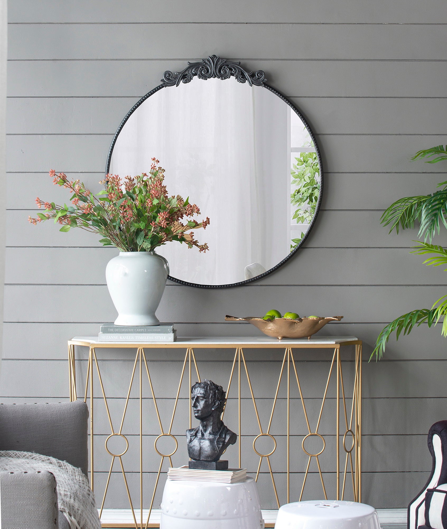 Baroque Round Wall Mirror 98cm Black Frame Decorative Accent for Living Room or Entryway