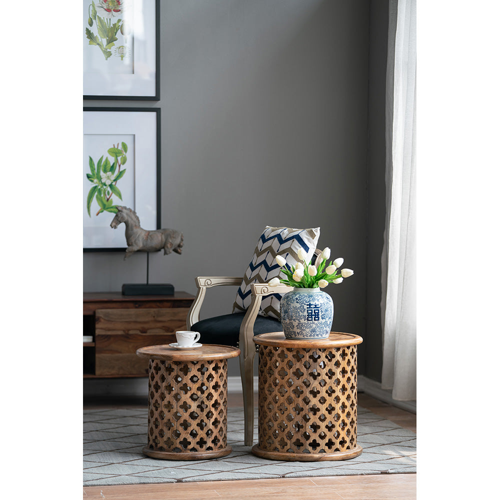 2 Piece Mango Wood Jali Side Tables Natural Burn Finish Round Accent for Living Room