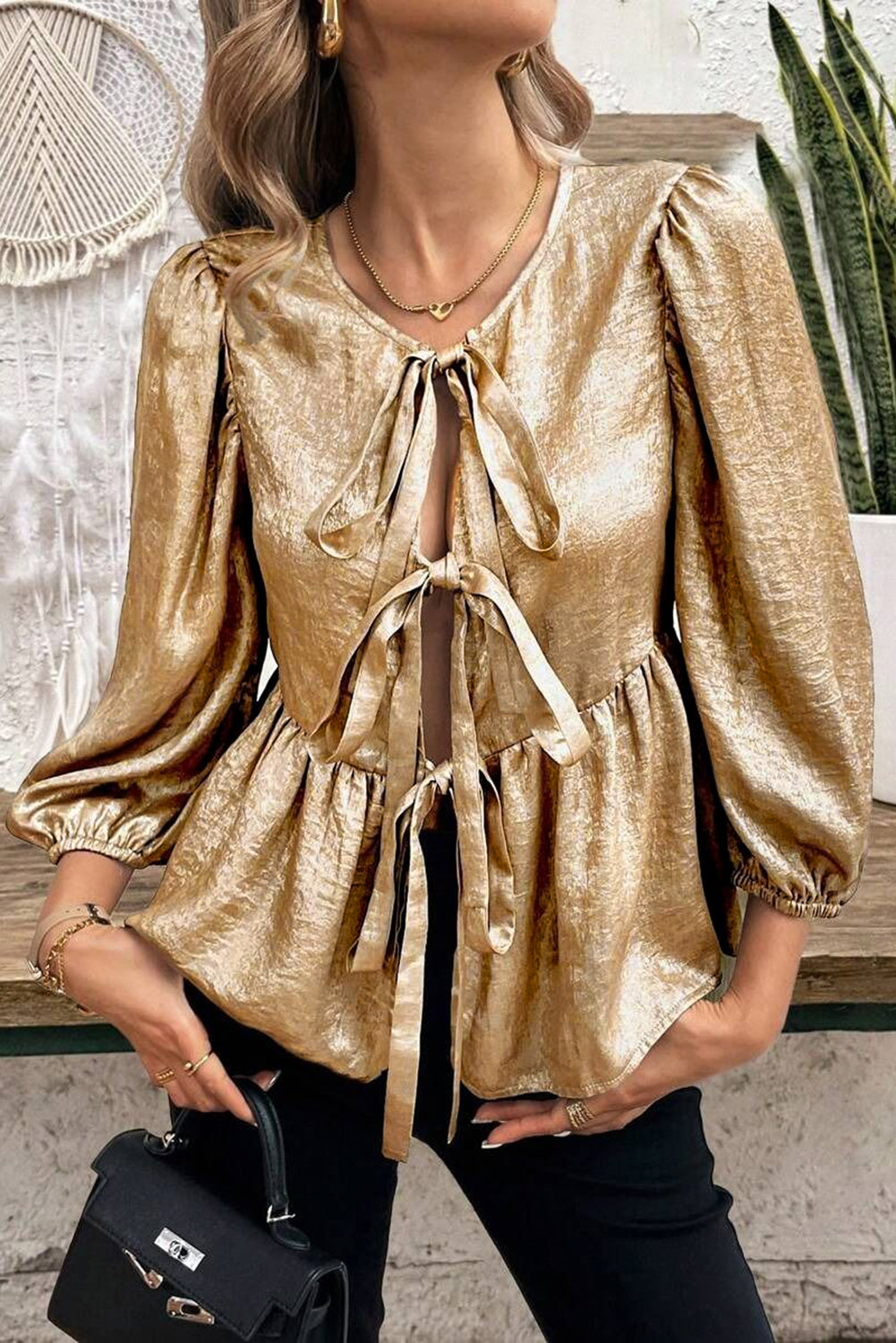 Gold Bow Tie Front Puff 3/4 Sleeve Ruffle Hem Blouse Women’s Top