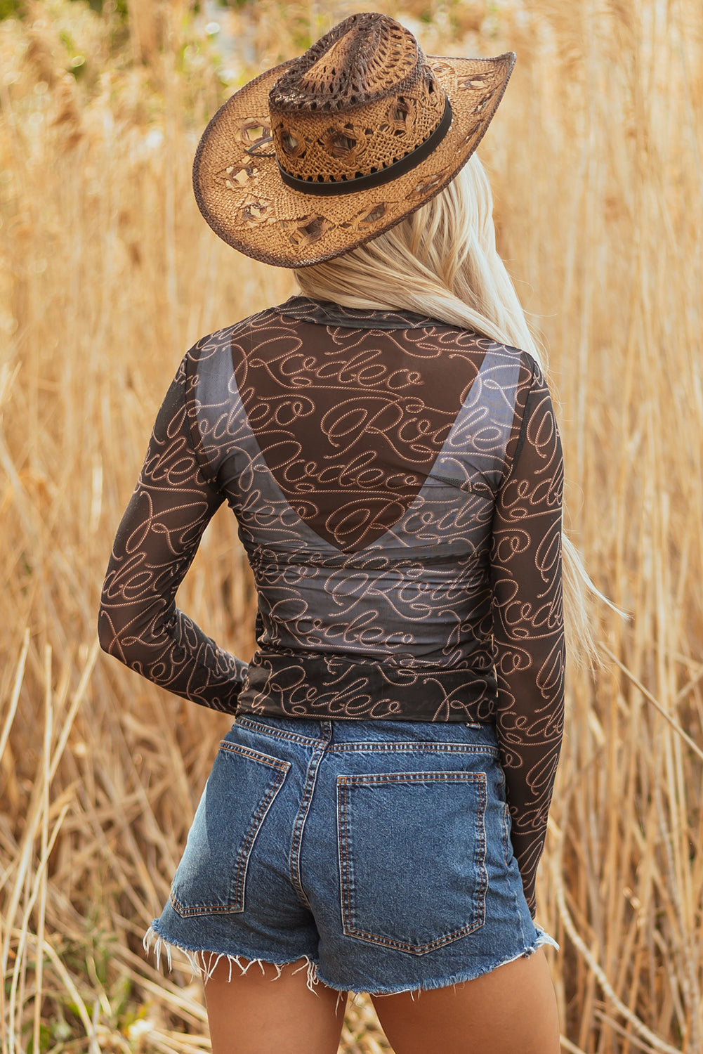 Women’s Black Western Rodeo Print Mock Neck Long Sleeve Mesh Top
