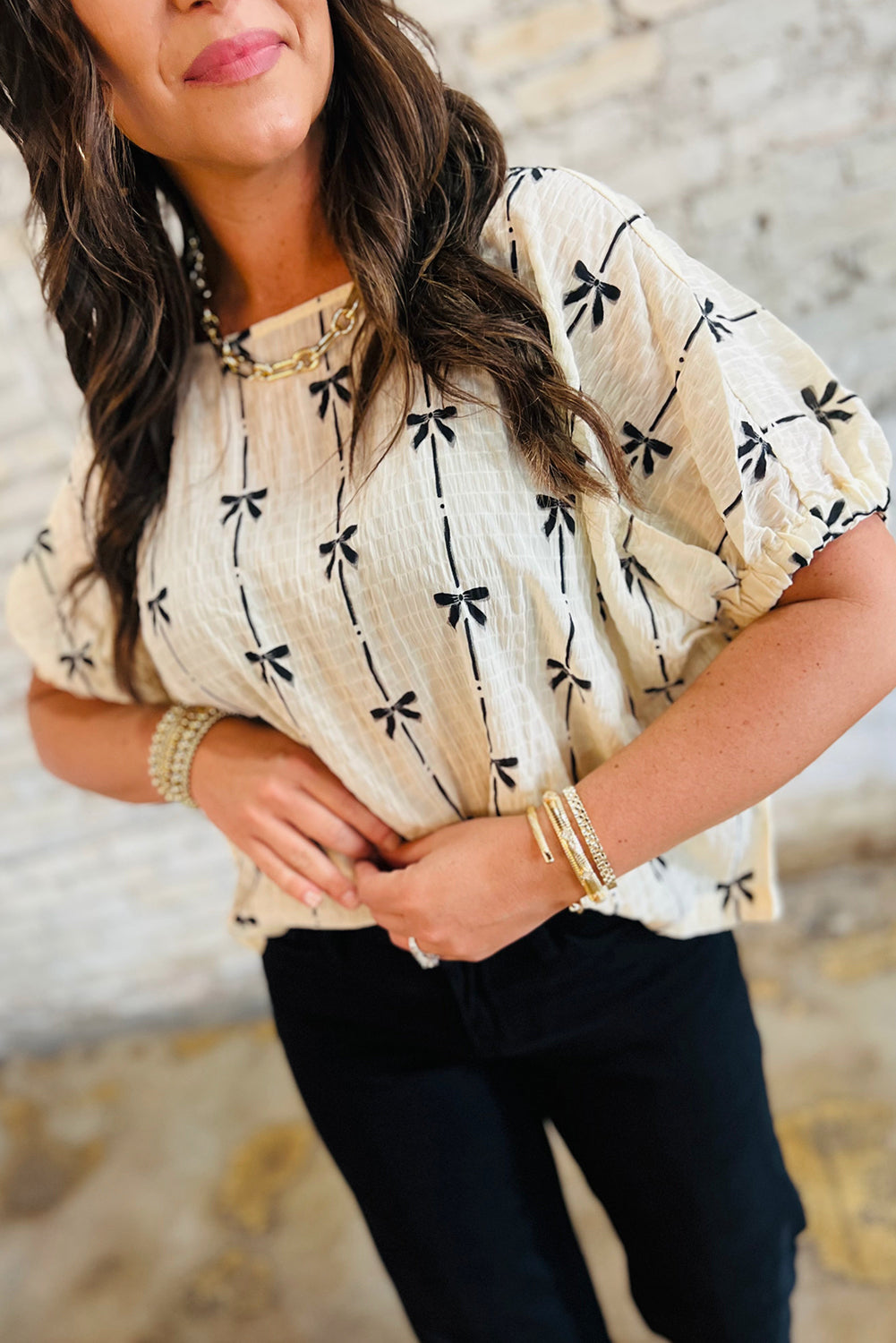 Women’s Beige Bow Print Puff Short Sleeve Top