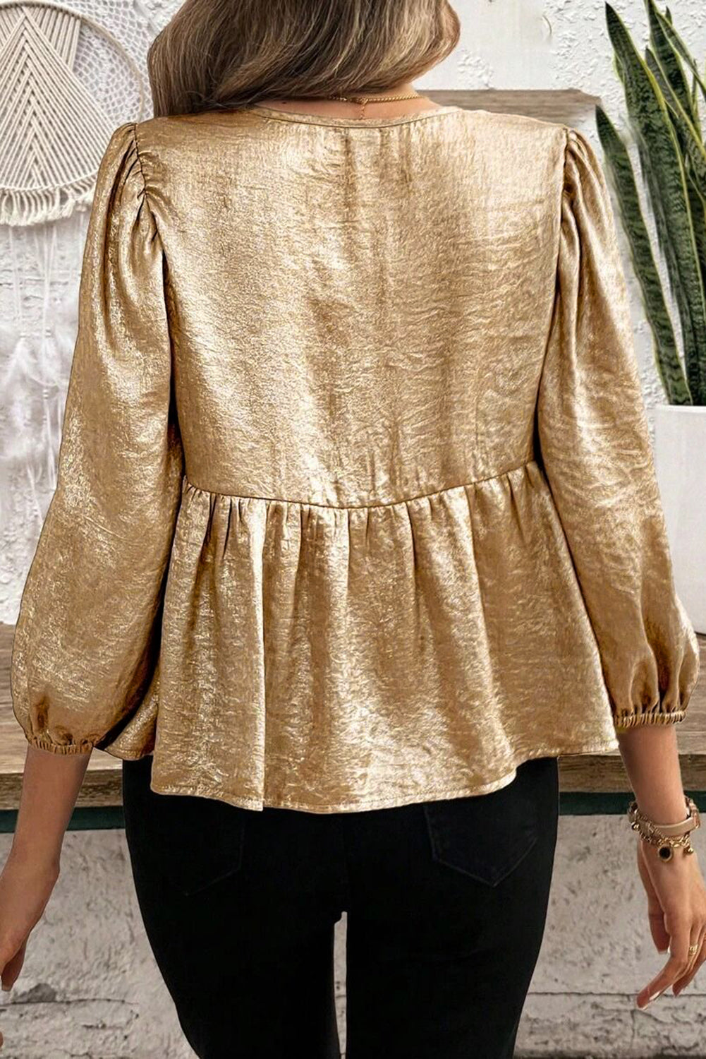 Gold Bow Tie Front Puff 3/4 Sleeve Ruffle Hem Blouse Women’s Top
