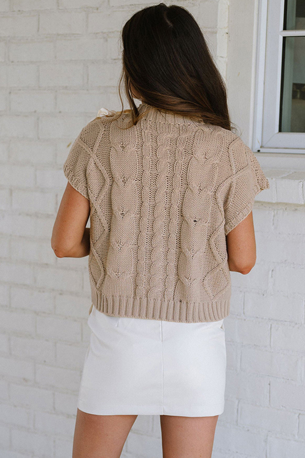 Cable Knit Colourblock Sweater Short Sleeve Satin Bowknot Top