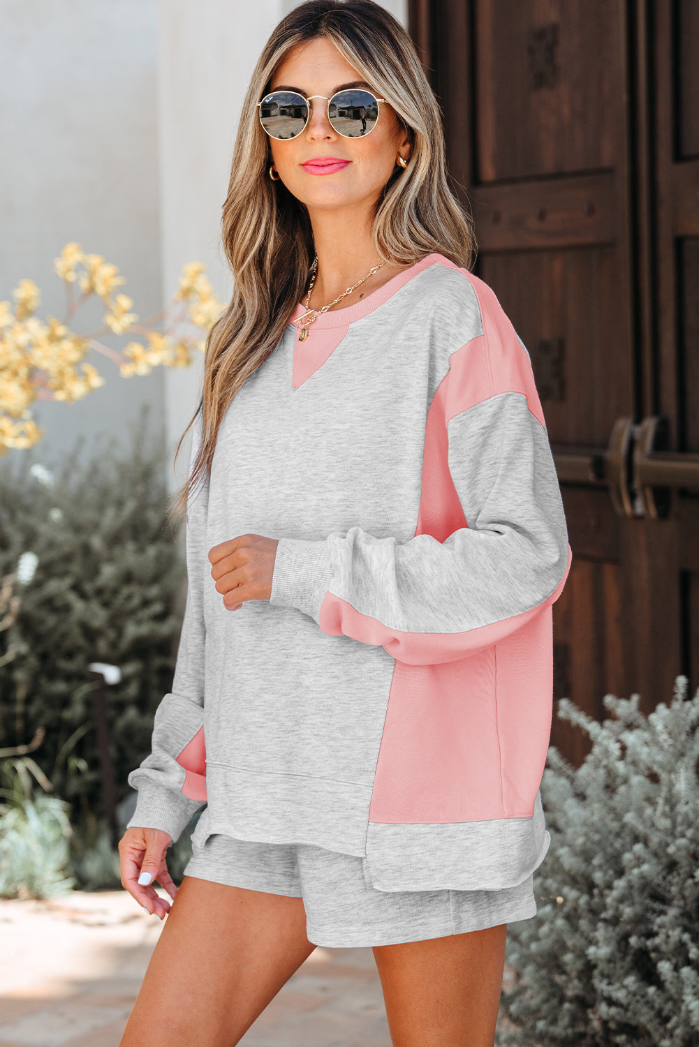 Light Grey Colour Block Raw Hem Pullover and Casual Shorts Set