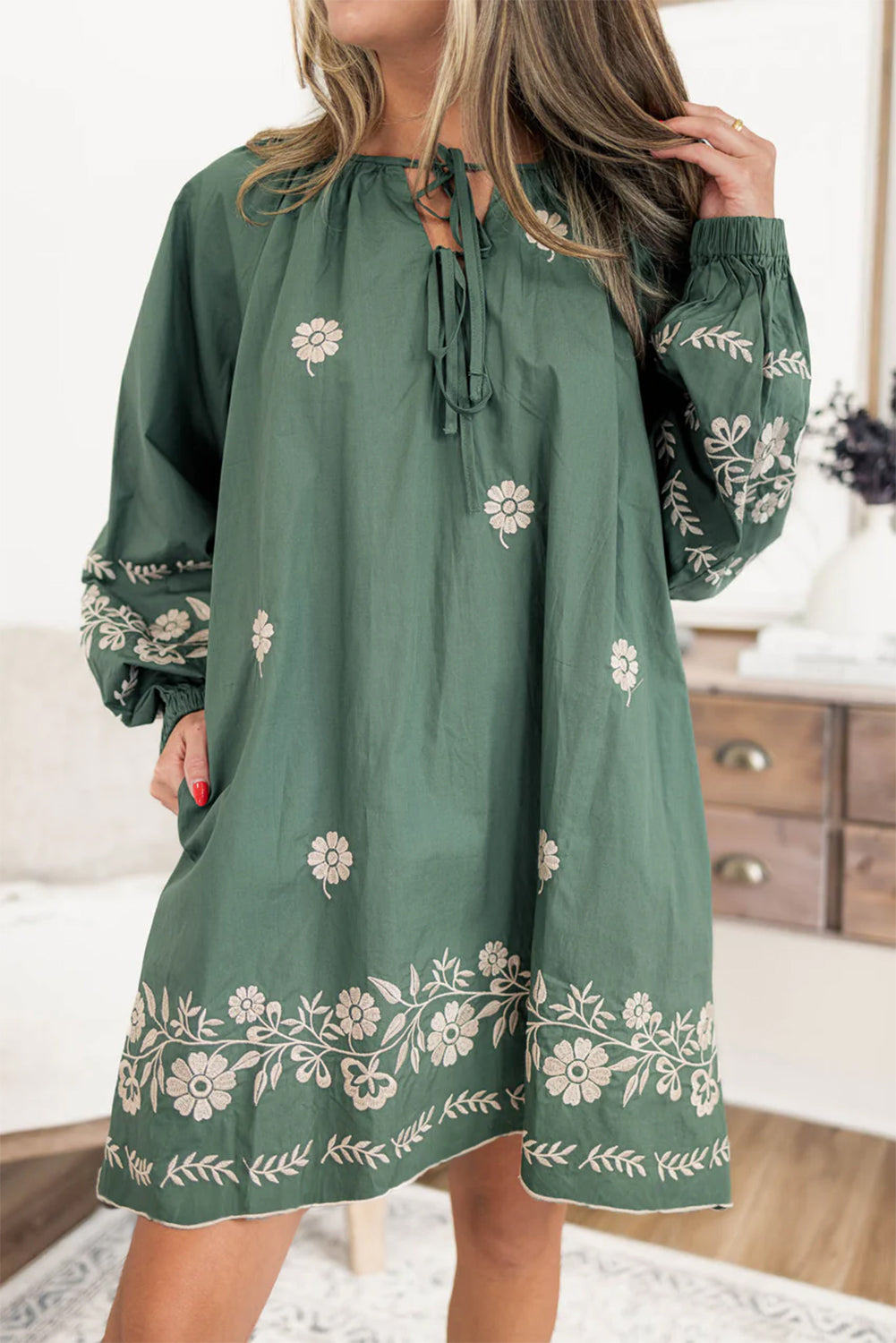 Mist Green Tie Neck Boho Floral Puff Sleeve Women’s Summer Dress
