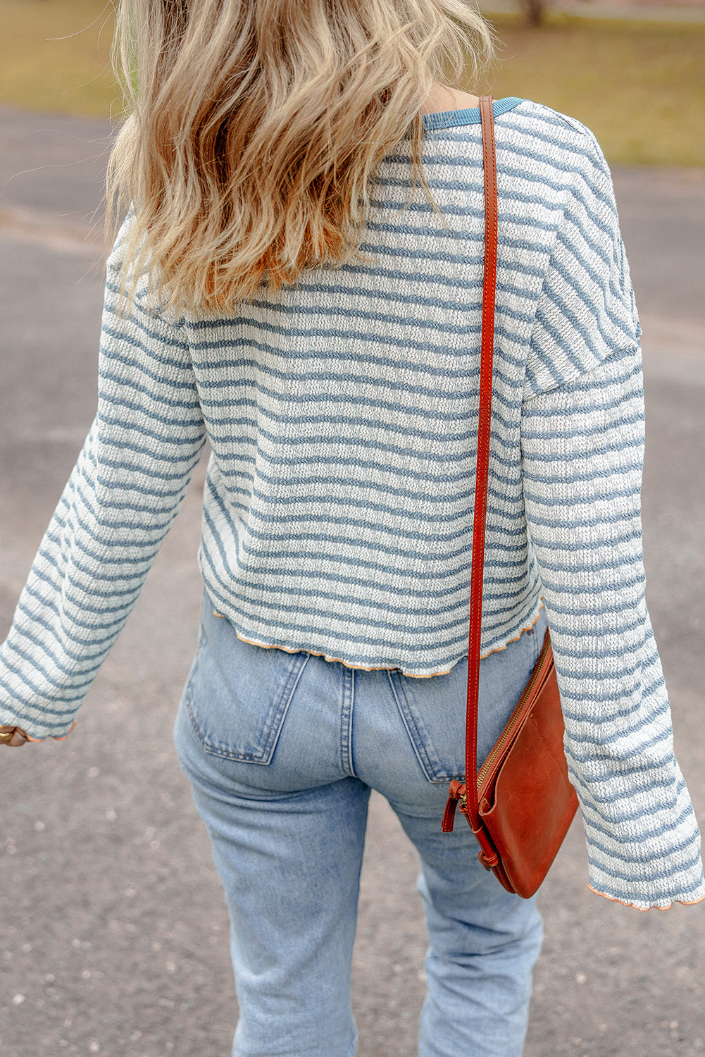 Brown Stripe Henley Long Sleeve Top with Textured Frilly Trim Buttons