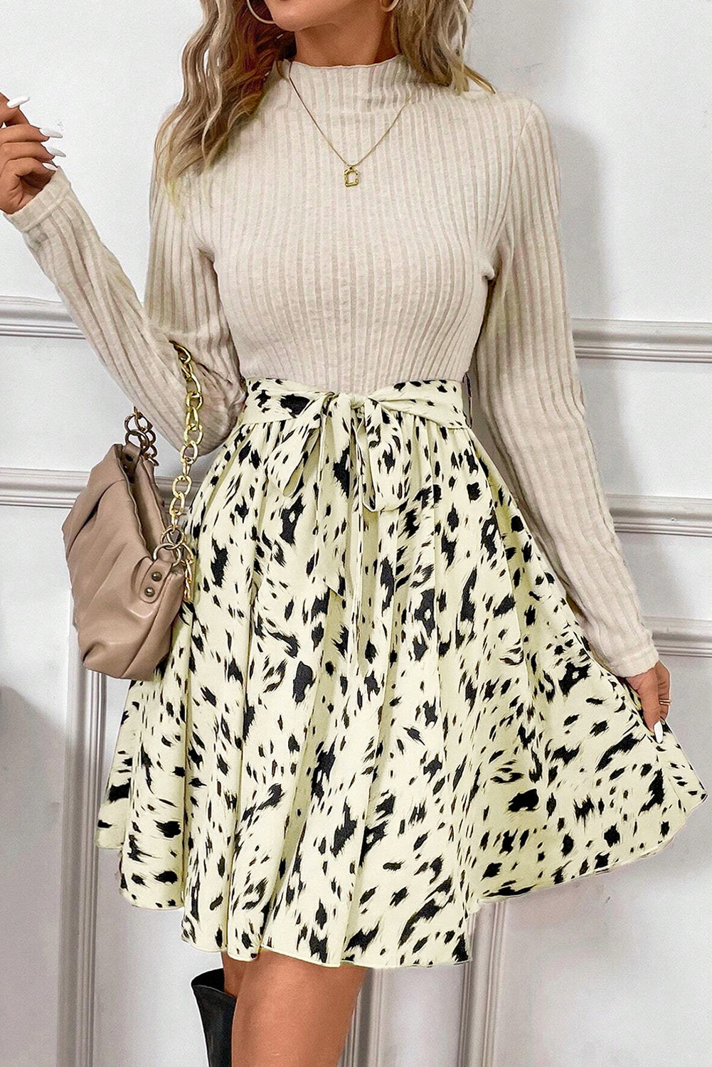 Beige Ribbed Knit Patchwork Printed Belted A Line Women’s Dress