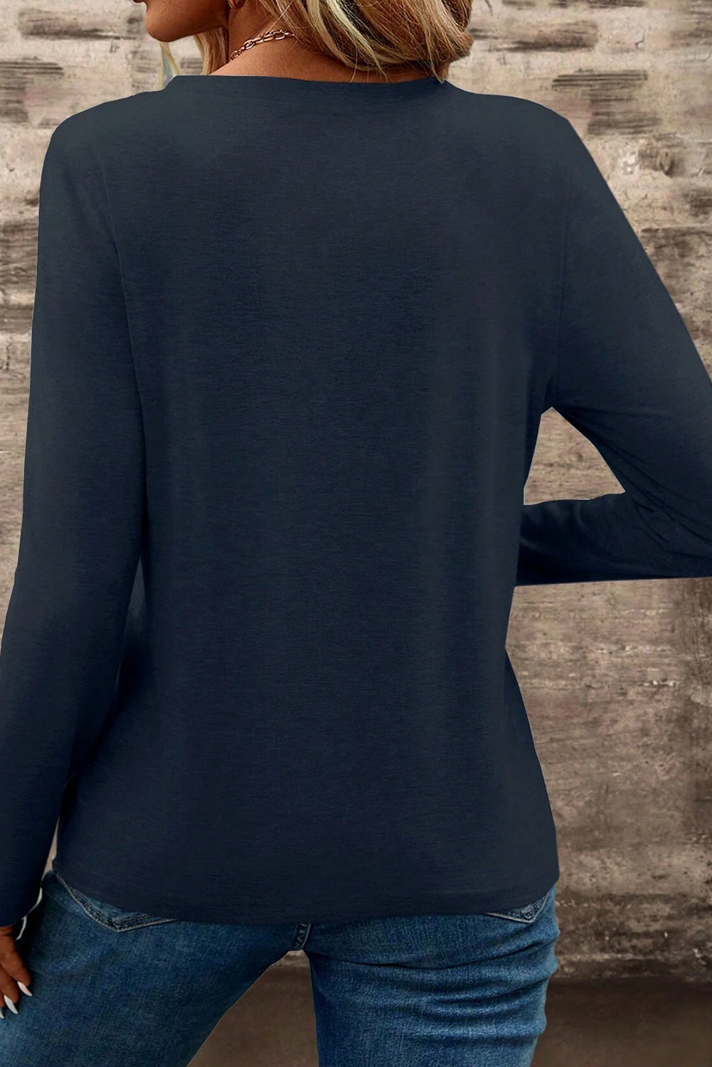 Dirty Blue Notch V-Neck Long Sleeve T-Shirt with Pocket Casual Top