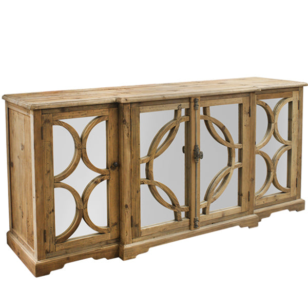 Keats Mirror Sideboard 4 Door Reclaimed Pine Natural Timber Decorative Storage Cabinet
