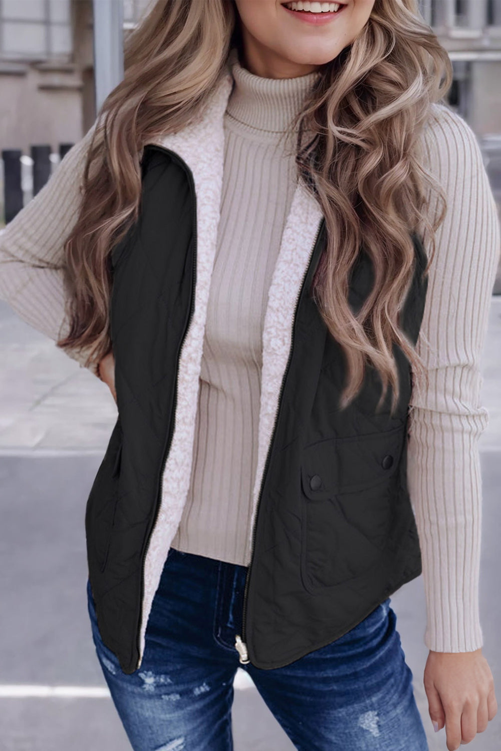 Pink Fleece Lined Quilted Vest Coat Women’s Winter Warm Outerwear