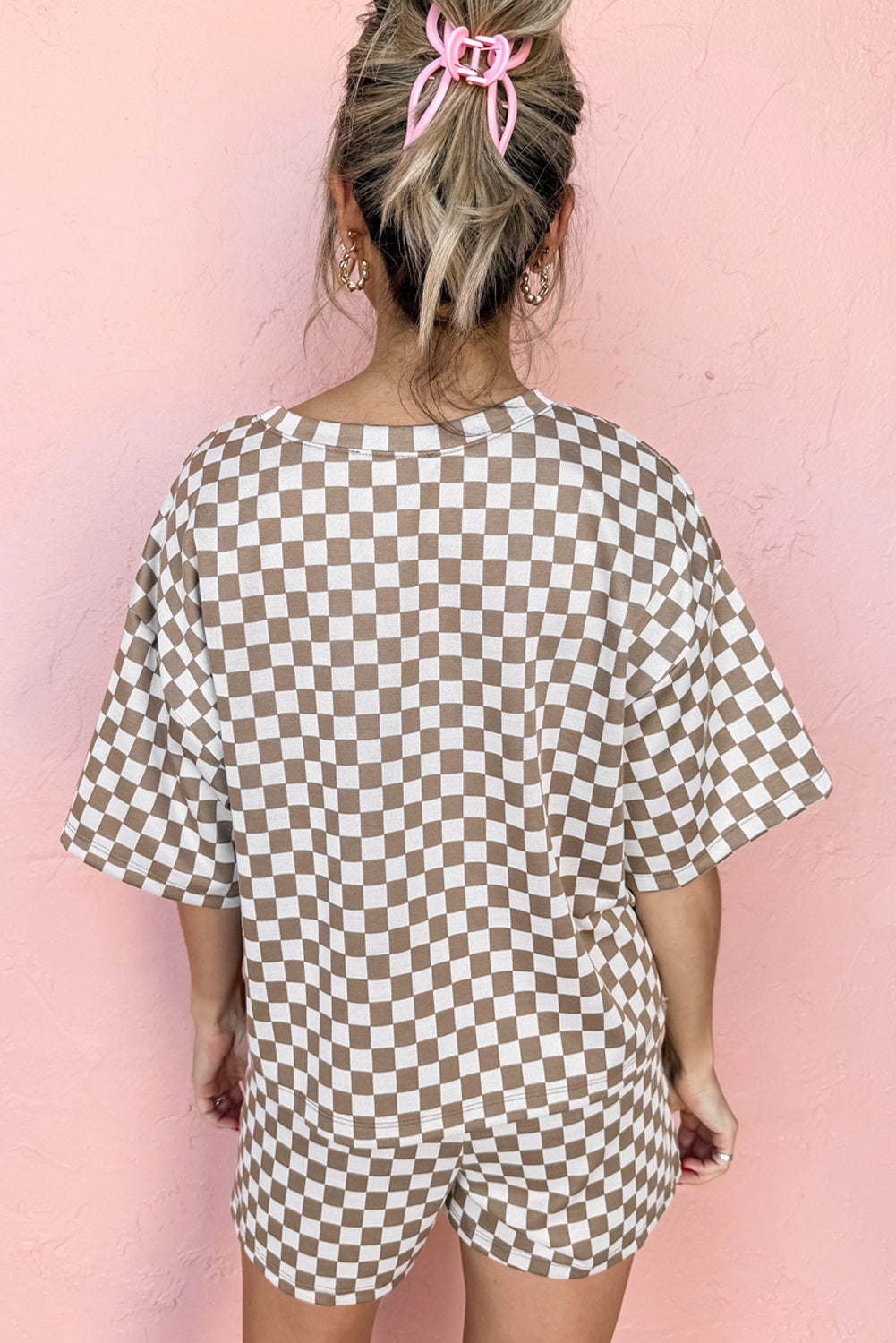 Women’s Brown Checkered Top and Shorts Casual 2 Piece Set