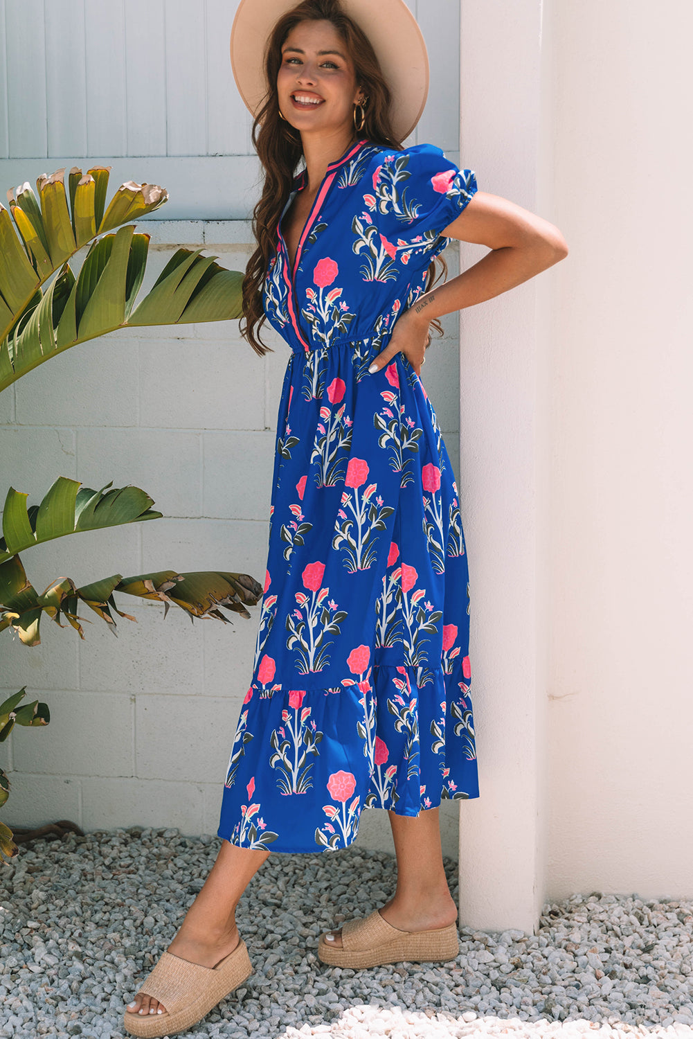 Women’s Sky Blue Floral Maxi Dress with Puff Short Sleeves, V Neck, and High Waist