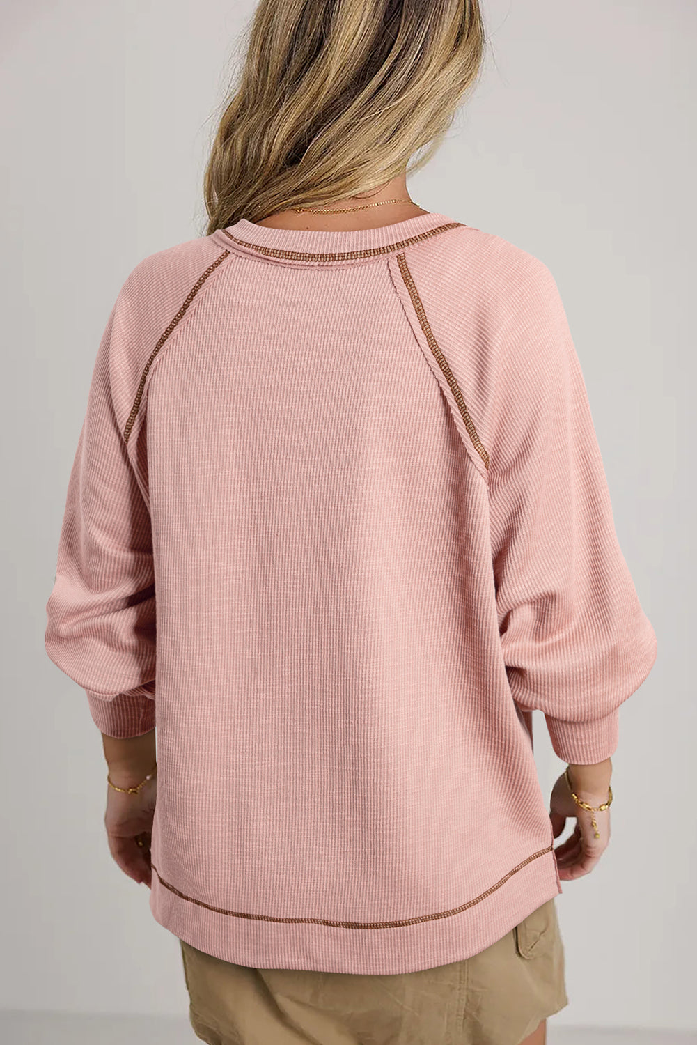 Beige Exposed Seam Textured Knit V Neck Pullover Women’s Casual Wear