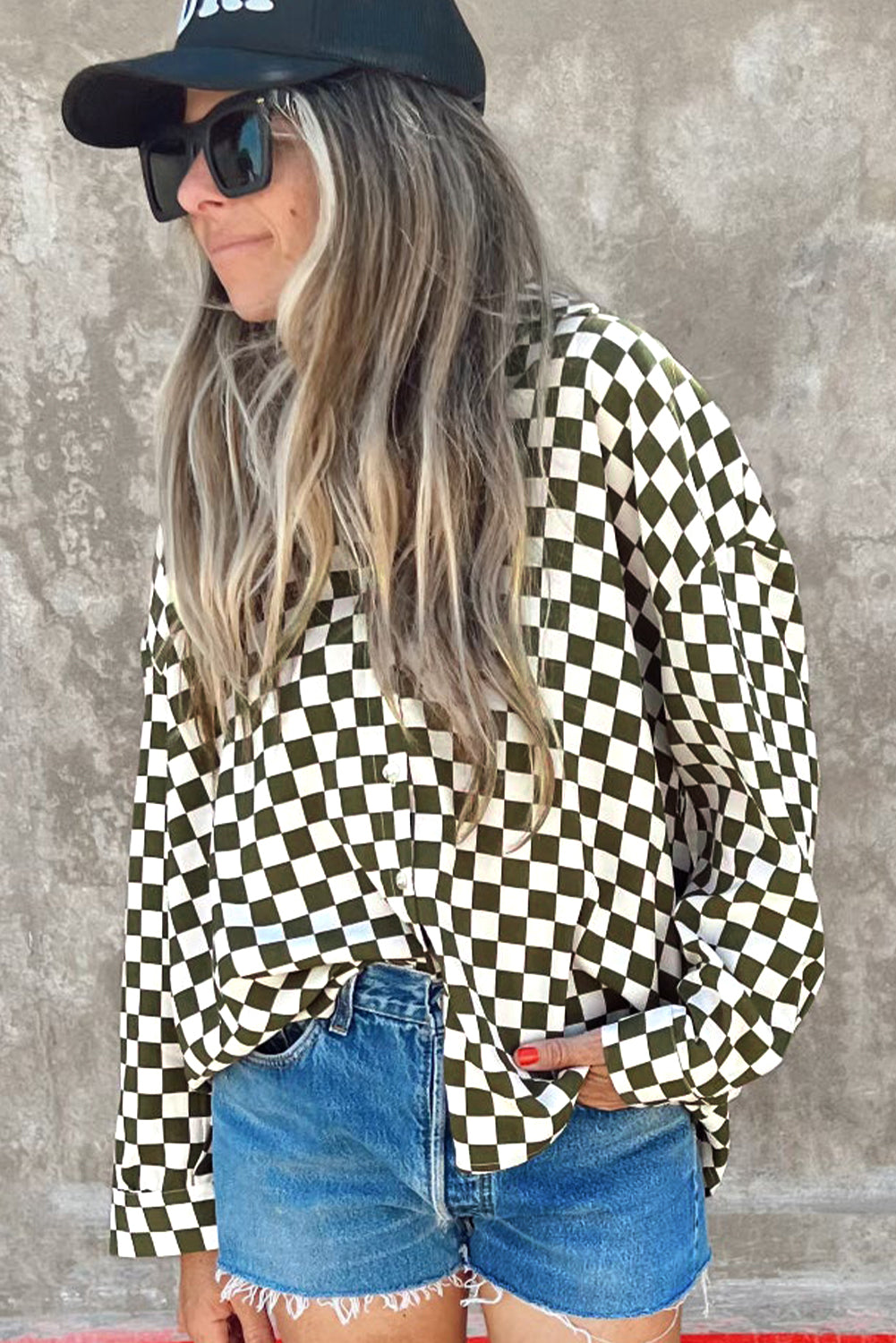 Green Checkerboard Printed Drop Shoulder Loose Women’s Casual Shirt