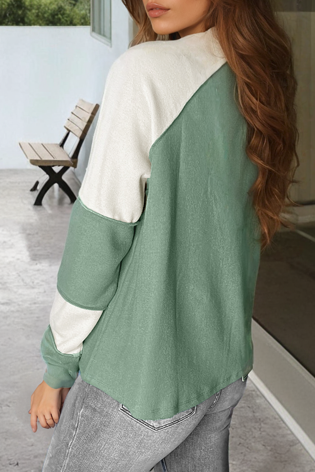 Mint Green Ribbed Colourblock Patchwork Raglan Long Sleeve Women’s Top